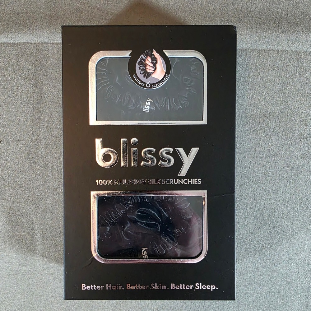 Blissy 100% Mulberry Silk Scrunchies Black 6 Pack Set NIB OS29
